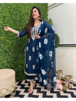 Gahan - Womens Viscose Rayon Straight Embroidered Kurta with Pant & Dupatta-Blue