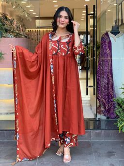 Gahan - Womens Viscose Rayon Floral Anarkali Kurta with Pant & Dupatta-Rust