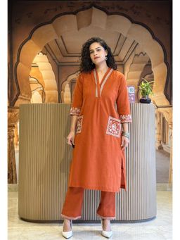 Gahan - Womens Viscose Rayon Straight Printed Kurta with Pant -Orange