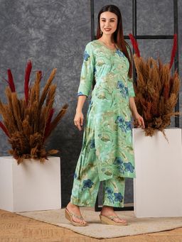 Gahan - Womens Viscose Rayon Straight Floral Kurta with Pant-Pista