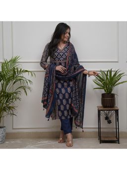Gahan - Womens Viscose Rayon Straight Floral Kurta with Pant & Dupatta-Navy Blue