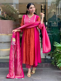 Gahan - Womens Viscose Rayon A-Line Colorblock Anarkali Kurta with Pant & Dupatta-Orange