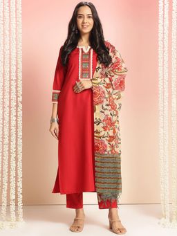 Gahan - Womens Viscose Rayon Straight Solid Kurta with Pant & Dupatta-Red