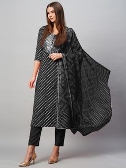 Gahan - Womens Viscose Rayon Straight Stripes Kurta with Pant & Dupatta-Black