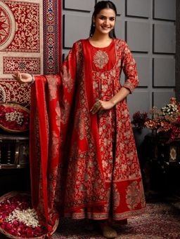 Gahan - Womens Viscose Rayon Anarkali Floral Kurta with Pant & Dupatta-Red