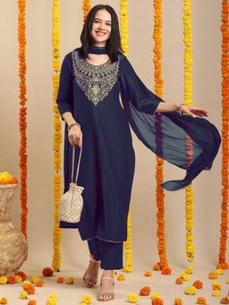 Gahan - Womens Viscose Rayon Straight Solid Kurta with Pant & Dupatta-Navy Blue