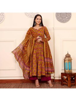 Gahan - Womens Viscose Rayon Anarkali Floral Kurta with Palazzo & Dupatta-Mustard