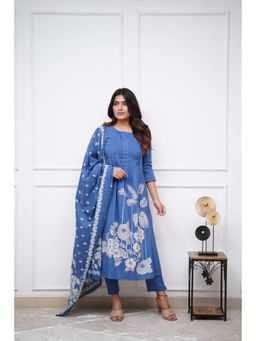 Gahan - Womens Viscose Rayon Anarkali Floral Kurta with Pant & Dupatta-Blue