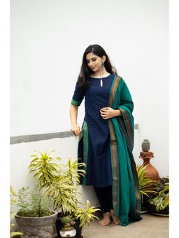 Gahan - Womens Viscose Rayon Straight Woven Kurta with Pant & Dupatta-Navy Blue