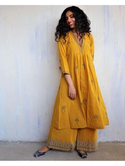 Gahan - Womens Viscose Rayon Floral Kurta with Palazzo-Yellow