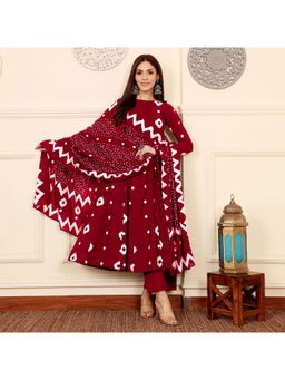 Gahan - Womens Viscose Rayon Anarkali Printed Kurta with Pant & Dupatta-Red