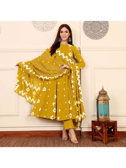 Gahan - Womens Viscose Rayon Anarkali Printed Kurta with Pant & Dupatta-Yellow