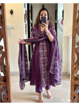 Gahan - Womens Viscose Rayon A-Line Printed Anarkali Kurta with Pant & Dupatta-Purple