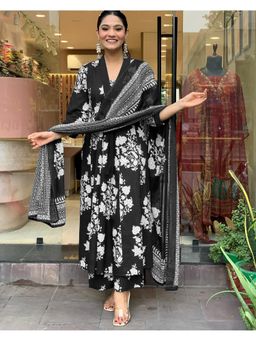 Gahan - Womens Viscose Rayon Anarkali Floral Kurta with Pant & Dupatta-Black