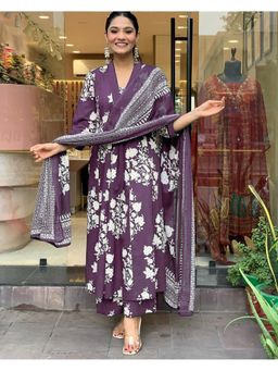 Gahan - Womens Viscose Rayon Anarkali Floral Kurta with Pant & Dupatta-Purple