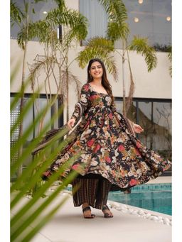 Gahan - Womens Viscose Rayon Anarkali Floral Kurta with Palazzo & Dupatta-Black