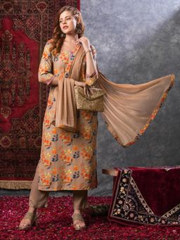 Gahan - Womens Viscose Rayon Straight Floral Kurta with Pant & Dupatta-Beige