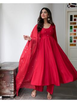 Gahan - Womens Viscose Rayon Anarkali Solid Kurta with Pant & Dupatta-Red