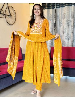 Gahan - Womens Viscose Rayon A-Line Printed Kurta with Pant & Dupatta-Yellow
