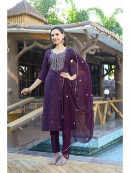 Gahan - Womens Viscose Rayon Straight Embroidered Kurta with Pant & Dupatta-Purple
