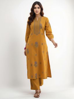 Gahan - Womens Viscose Rayon Straight Floral Kurta with Pant-Mustard