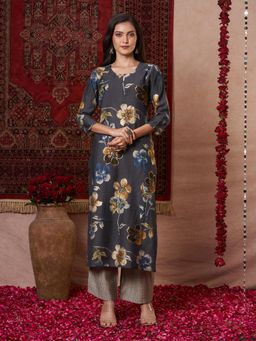 Gahan - Womens Viscose Rayon Straight Floral Kurta with Pant -Grey
