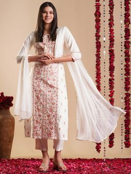 Gahan - Womens Viscose Rayon Straight Embroidered Kurta with Pant & Dupatta-White