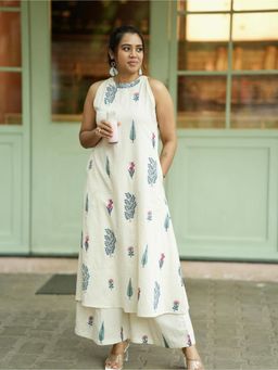 Gahan - Womens Viscose Rayon Floral Kurta with Palazzo-Cream