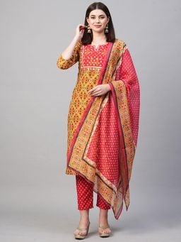 Gahan - Womens Viscose Rayon Straight Floral Kurta with Pant & Dupatta-Yellow