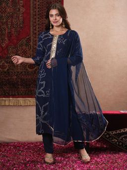 Gahan - Womens Viscose Rayon Straight Printed Kurta with Pant & Dupatta-Blue