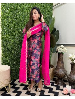 Gahan - Womens Viscose Rayon Straight Floral Kurta with Pant & Dupatta-Purple