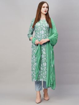 Gahan - Womens Viscose Rayon Straight Floral Kurta with Pant & Dupatta-Green