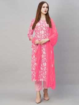 Gahan - Womens Viscose Rayon Straight Floral Kurta with Pant & Dupatta-Pink