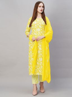 Gahan - Womens Viscose Rayon Straight Floral Kurta with Pant & Dupatta-Yellow
