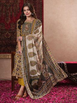 Gahan - Womens Viscose Rayon Straight Printed Kurta with Pant & Dupatta-Mustard
