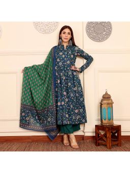 Gahan - Womens Viscose Rayon Anarkali Floral Kurta with Pant & Dupatta-Blue