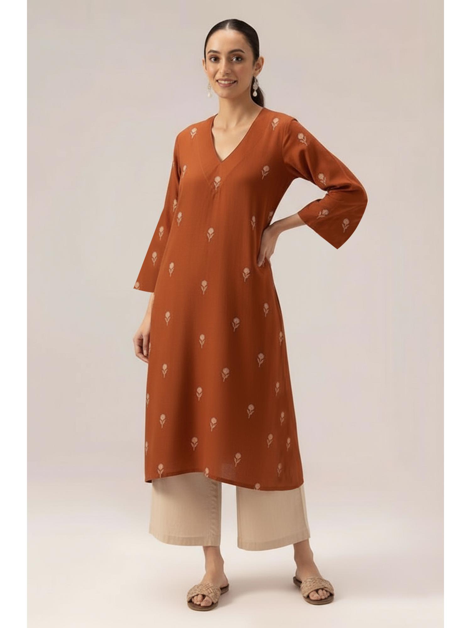 gahan Womens Viscose Rayon Floral Kurta with Pant-Rust-picture-37