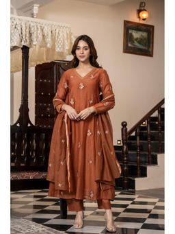 Gahan - Womens Viscose Rayon Anarkali Embroidered Kurta with Pant & Dupatta-Brown