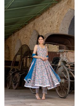 Gahan - Womens Viscose Rayon Anarkali Floral Kurta with Pant & Dupatta-Blue