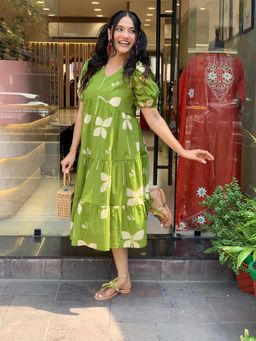 Gahan - Womens Viscose Rayon Anarkali Floral Midi Dress-Green