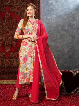 Gahan - Womens Viscose Rayon Straight Floral Kurta with Pant & Dupatta-Pink