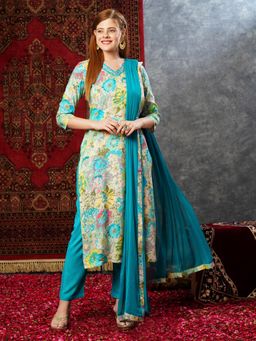 Gahan - Womens Viscose Rayon Straight Floral Kurta with Pant & Dupatta-Blue