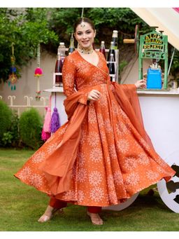Gahan - Womens Viscose Rayon Angarkha Kurta Floral Kurta with Pant & Dupatta-Orange