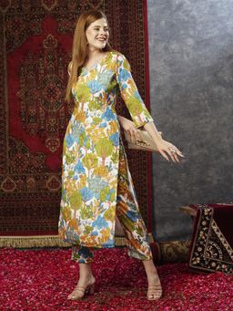 Gahan - Womens Viscose Rayon Straight Floral Kurta with Pant -Multi-Color