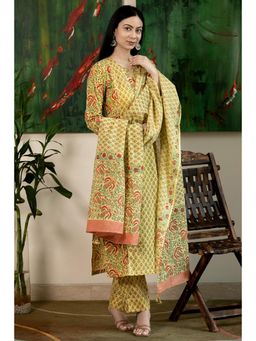 Gahan - Womens Viscose Rayon Straight Floral Kurta with Pant & Dupatta-Yellow