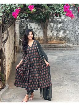 Gahan - Womens Viscose Rayon Anarkali Floral Kurta with Pant & Dupatta-Green