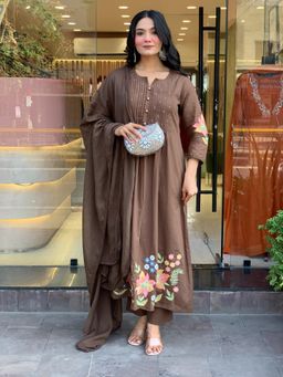 Gahan - Womens Viscose Rayon Anarkali Printed Kurta with Pant & Dupatta-Brown