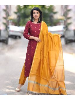 Gahan - Womens Viscose Rayon Straight Woven Kurta with Pant & Dupatta-Maroon