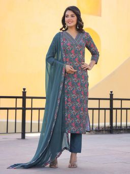 Gahan - Womens Viscose Rayon Straight Floral Kurta with Pant & Dupatta-Grey