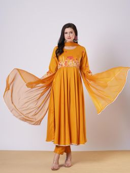 Gahan - Womens Viscose Rayon Anarkali Embroidered Kurta with Pant & Dupatta-Yellow